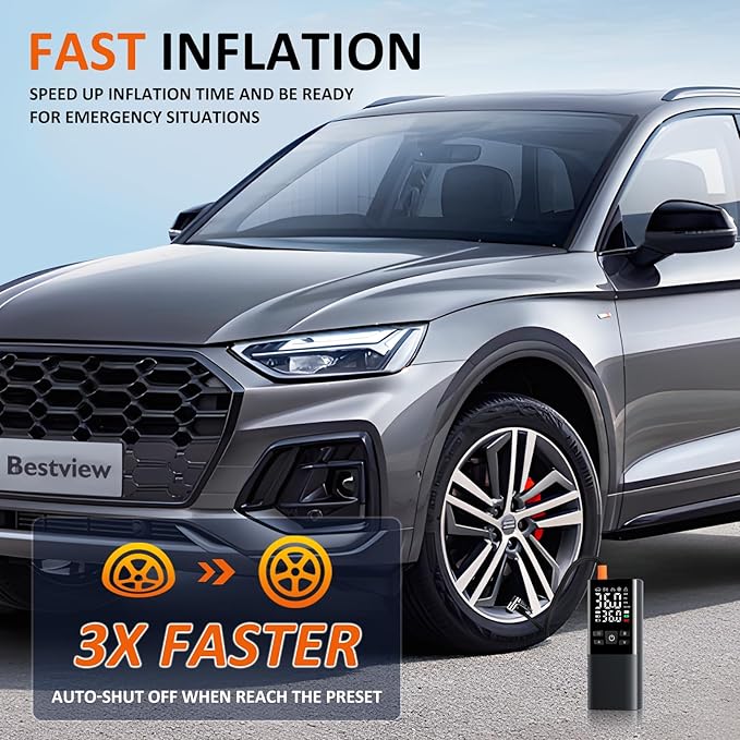 Bestview Tire Inflator Portable Air Compressor-150PSI Air Compressor 4X Faster, Electric Ball Pump/Small Portable Air Tank with Digital Pressure Gauge and LED Light for Cars, Bicycles, Motorcycles