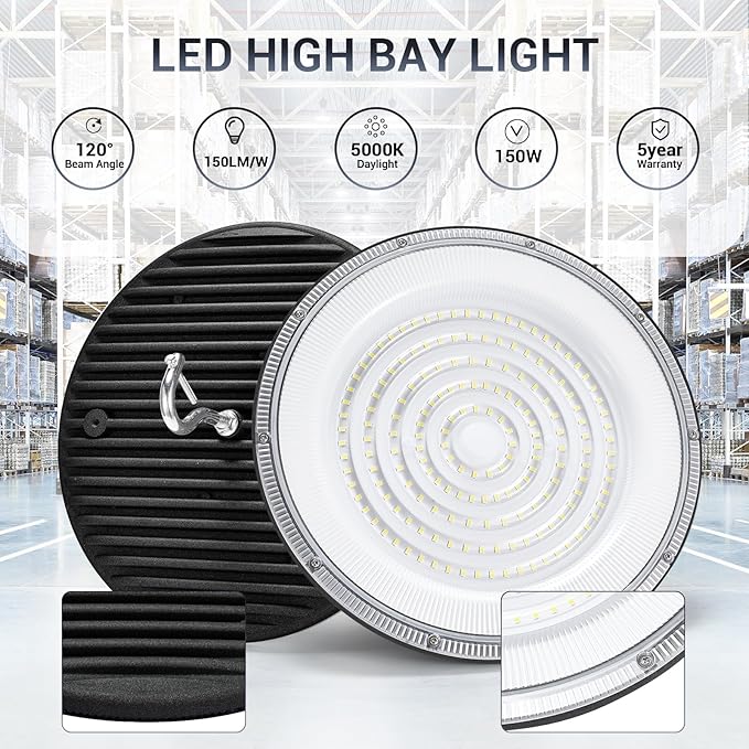 6 Pack 150W UFO Led High Bay Light,120VAC,21050LM 5000K Daylight Area Lighting,IP66 Waterproof 650W MH/HPS with Plug Commercial Bay Lighting for Warehouse/Shop/Workshop/Barn/Gym/Factory