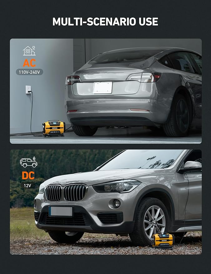 AstroAI Tire Inflator Portable Air Compressor Pump 150PSI 12V DC/110V AC with Dual Metal Motors &LED Light, Automotive Car Accessories&Two Modes for Car, Bicycle Tires and Air Mattresses, Yellow