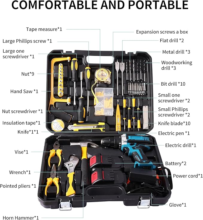 Electric Screwdriver Drill Bit Set Kit, Home cordless drill tool box, Small Hand Drill ToolSet, Essential Portable Power Drills Set for Men, Battery Operated 20v Engineer's Tool