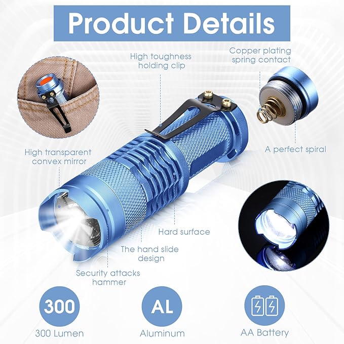 Fumete 20 Pieces LED Flashlight Mini 3 Mode Tactical Torch Small Water Resistant Pocket Flash Light Adjustable Focus Light Pen for Men, Father, Indoor Outdoor Hiking(Blue)