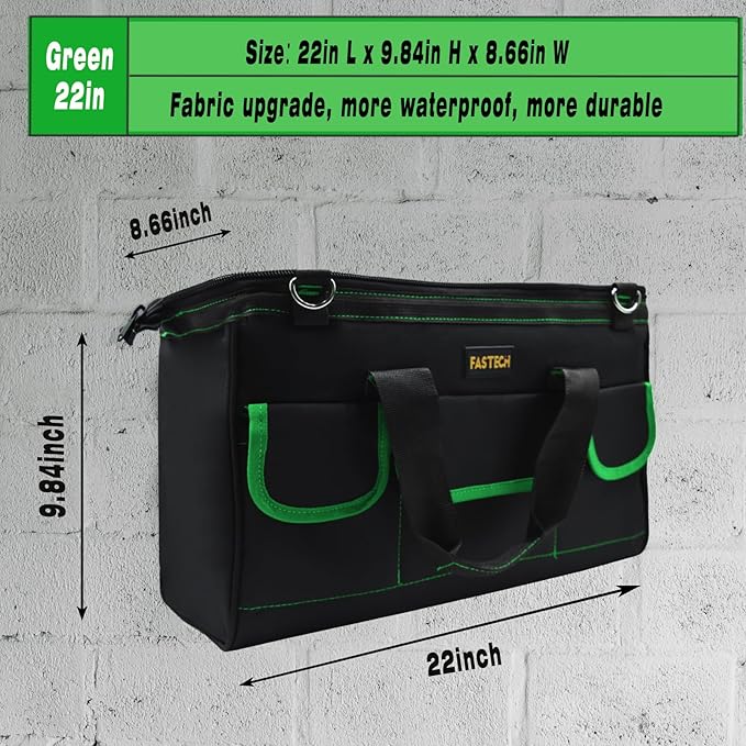 22 Inch Tool Bag With Comfortable Shoulder Straps, Waterproof Wide Mouth Tool Kit, Tool Storage Package For Men/Women (22IN Green)