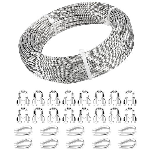 3/16 Wire Rope, 150ft 3/16 Stainless Steel Cable Wire, 7x19 Strand Aircraft Cable Wire Rope Kit, 3700lbs Breaking Strength with 3/16 Cable Clamps,Thimble for Deck Railing Shade Sails String Lights
