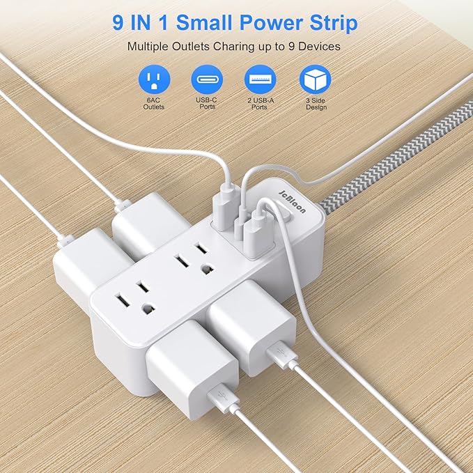 Power Strip Surge Protector, 5Ft Flat Plug Extension Cord with Multiple Outlets, 6 Outlets with 3 USB Ports(1 USB C), 3-Side Outlet Extender, Wall Mount, Compact for Travel, Home, College Dorm Room