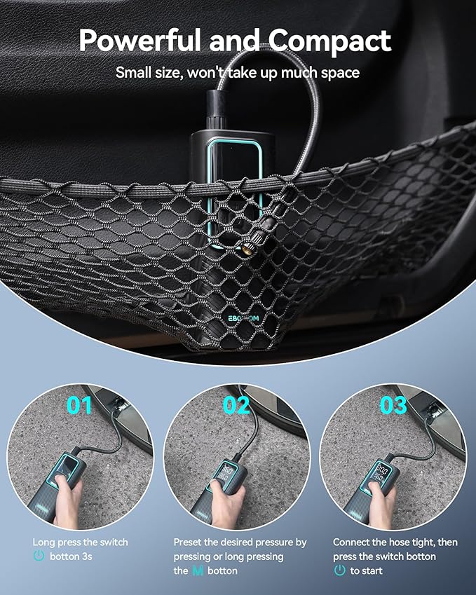 Tire Inflator Portable Air Compressor, 150 PSI Mini Car Air Pump with 6000mAh Battery,12V DC, Pressure Gauge, Cordless Tire Inflator Rechargeable with Display & LED for Car, Motocycle, Bikes, Balls