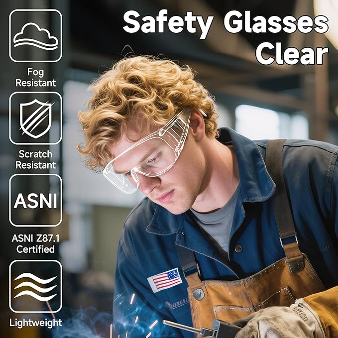 ANSI Z87.1 Safety Glasses Over Eyeglasses Clear Eye Protection Anti Fog Scratch Goggles for Men Women Bulk 10pcs