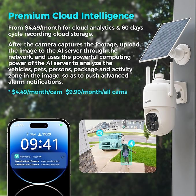Sovmiku 3CQ1 AI 2K Solar Security Camera Wireless Outdoor,Battery Powered Camera,Two-Way Audio,PIR Motion Detection,Easy to Setup,Pan/Tilt 360° View,Color Night Vision,Audible Flashlight Siren,SD Slot