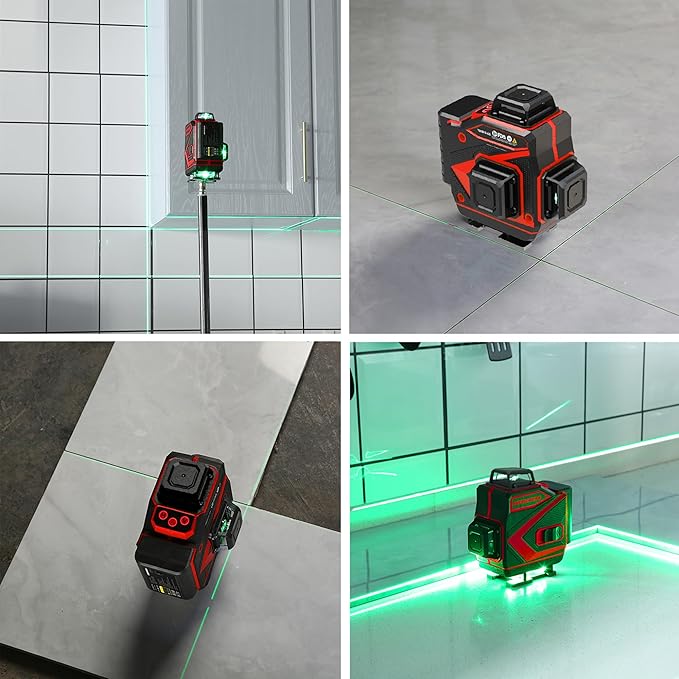 Tile Laser Level 360 Self Leveling - Floor 4 x 360 Green Beam Cross Line Laser Leveler Tool - 16 Lines Ceiling Nivel Laser for Construction - Hard-Sided Case and 2 Batteries