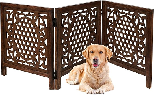 Wooden Freestanding Foldable Dog Gate – 3 Panels, Extra Wide, 24'' Height, Decorative Pet Gate for Doorways, Natural Bedding Cratf