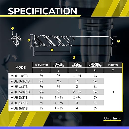 SPEED TIGER Carbide Square End Mill - 3 Flute - IAUE3/8 3 (1 Piece, 3/8") - High Feed U-Type Design - for Roughing and Finishing - for Milling Aluminum Applications – Professional Mill Bits Sets