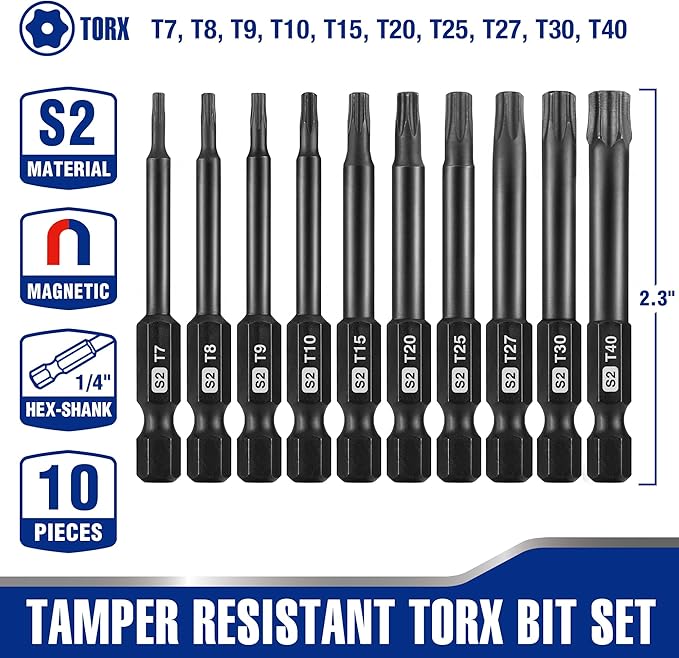 WORKPRO 10pcs Security Torx Bit Set, CNC Machined S2 Steel Star Bit Set, 2.3" Long Tamper Proof Torx Screwdriver bit with Magnetic Tips, Tamper Resistant Fastener Drive Bits with Storage Box
