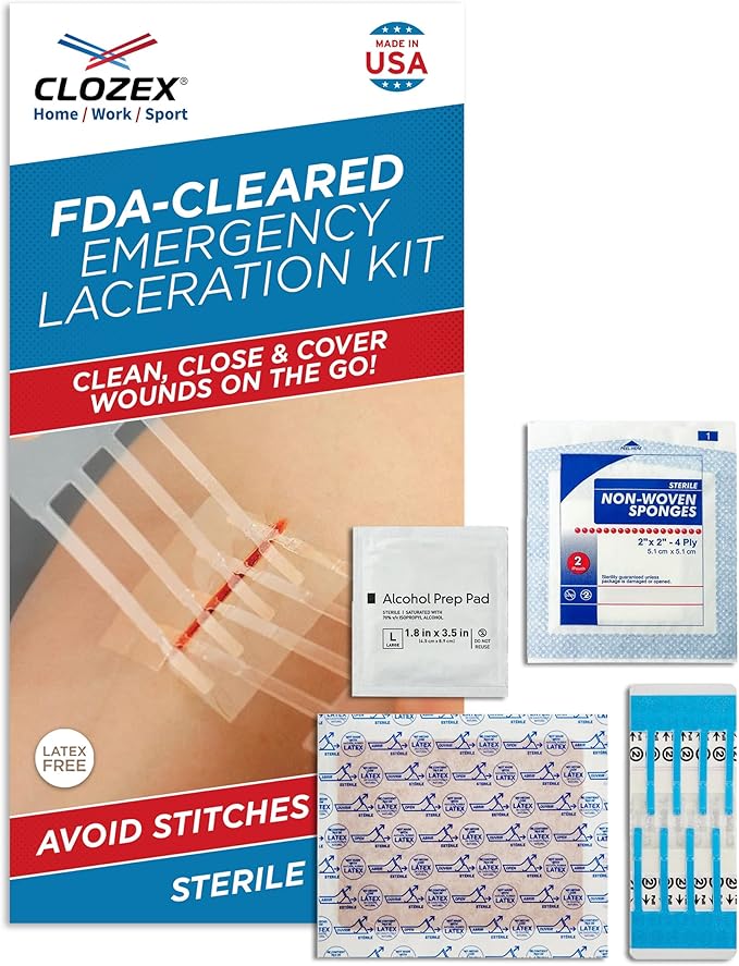 Clozex Emergency Laceration Kit - Repair Wounds Without Stitches, Skin Closure Device for a Wound Up to 1 1/2 Inches Length. Complete Kit to Clean, Close, & Cover Wounds