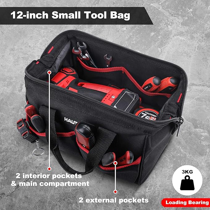 HAUTMEC 3 Piece Large Tool Bag Set, Heavy Duty 1680D Wide Mouth Tool Bags with Padded Shoulder Strap, Non-Slip Base, Double Zipper & Organiser Pockets – 12”, 18”, 24” Sizes – HT0297