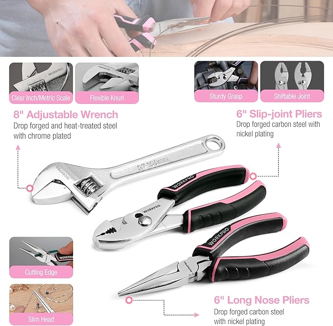 WORKPRO Pink Tool Set, 284 PCS Tool Kit for Women, Basic Household Pink Tool Box with Sockets, Pliers, Ratchet Handle, Portable Toolkit for Home Repair, New Apartment, House-Warming, DIY - Pink Ribbon