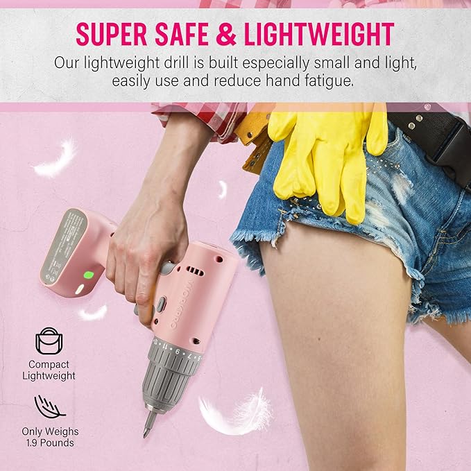 WORKPRO Pink Cordless Drill Driver Set, 12V Electric Power Drill Tool Kit with 6 Pcs Bits, 3/8-Inch Keyless Chuck, Variable Speed, 18 Touque Setting, Type-C Charge Cable, Led Light, Pink Ribbon