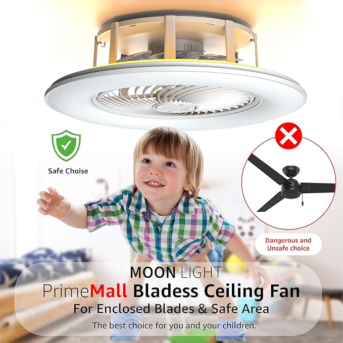 Ceiling Fans with Lights and Remote Control 22 inch with Ambient Light Bladeless Low Profile Ceiling Fan Flush Mount Enclosed Smart Ceiling Fan Light LED Dimmable Lighting (Moonlight Model)