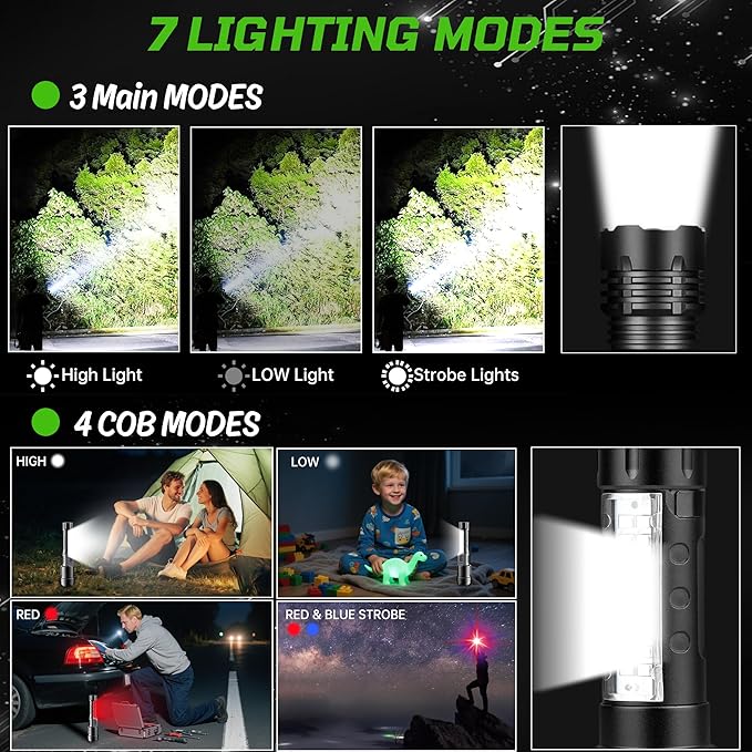 Rechargeable LED Flashlight High Lumens, High Lumens Super Bright Handheld Flashlight with 7 Modes, Zoomable, Waterproof, USB-C Charging, Tactical Flashlight for Home, Emergency, Camping, 2 Pack