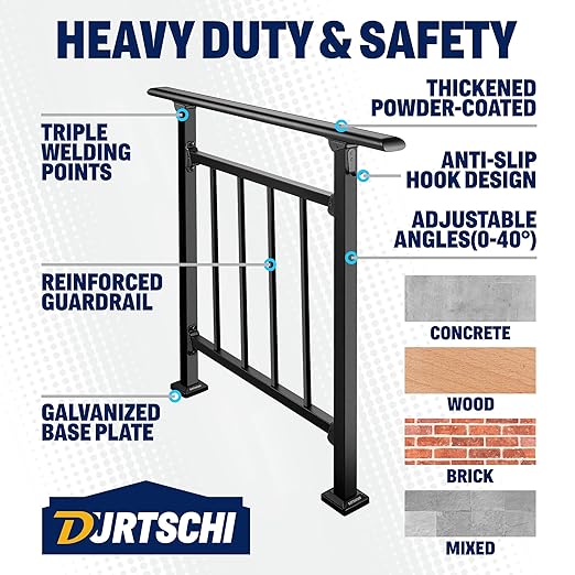 Updated Handrails for Outdoor Steps, 2-3 Steps Wrought Iron Stair Railing with Fence, Flexible Exterior Hand Railing for Concrete or Wooden Stairs, Black Transitional Handrails with Installation Kit