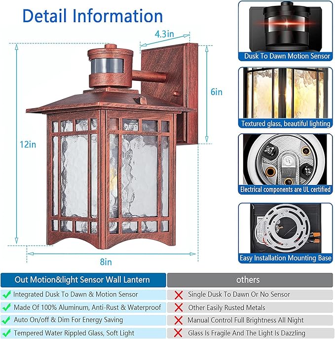 2 Pack Red Rustic Outdoor Wall Porch Lights - Motion Sensor, Dusk to Dawn, Waterproof, Anti-rust, Tempered Glass, 8x6x12 inches