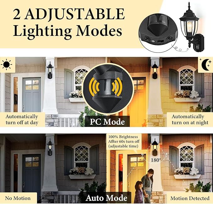 Porch Lights Outdoor Motion Sensor Wall Sconce Anti-Rust Aluminum, Exterior Outdoor Wall Lights Dusk to Dawn Porch Light Fixture Wall Mount for House Outside Patio 2Pack