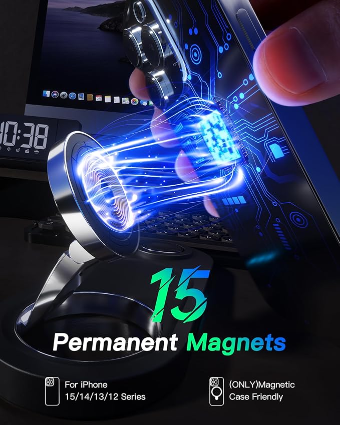 Upgraded 3 in 1 Wireless Charging Station for Apple Devices, Faster Mag-Safe Charger Stand, Magnetic Charger Station for iPhone 17/16/15/14/13/12 Series & AirPods Pro & Apple Watch Series (Black)