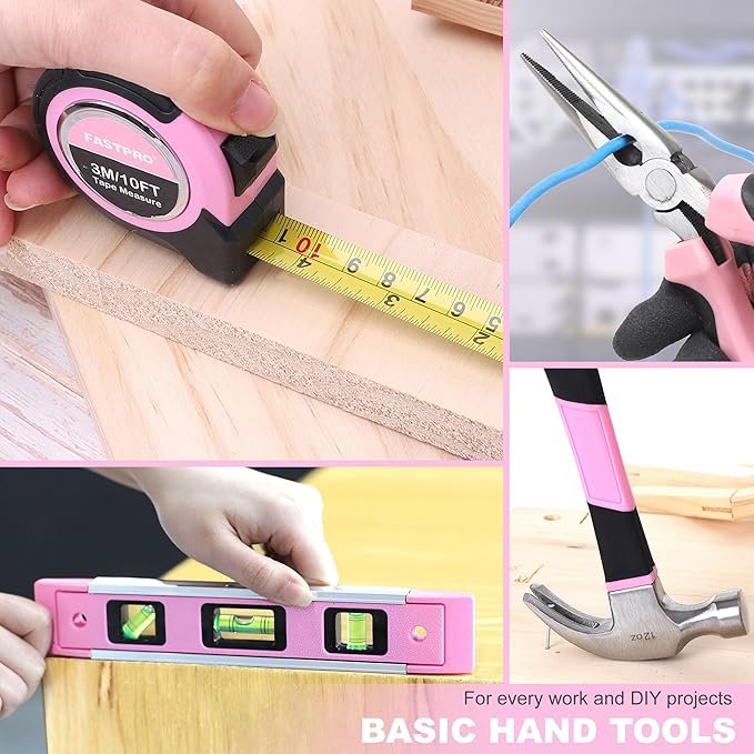 FASTPRO 177-Piece 20V Pink Cordless Lithium-ion Drill Driver and Home Tool Set, Lady's Home Repairing Tool Kit with Drill in Storage Case