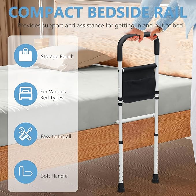 Bed Rails for Elderly Adults Safety, Adjustable Bed Assist Rails for Seniors, Bedrails with Support Legs and Storage Pocket, Bed Railing Cane Fit Single, Double King,Queen,Full, Twin Beds
