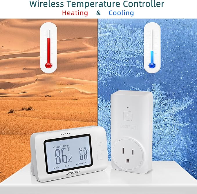 DIGITEN Wireless Thermostat WTC100 Pro Temperature Controller for Cooling & Heating, Remote Controlled Outlet, Easy-to-Use and Programmable Thermostats for Home,Greenhouse