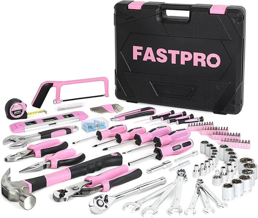 FASTPRO 198-Piece Pink Tool Set, Household Repairing Tool Set with Toolbox, SAE Mechanics Hand Tool Kit for DIY, Home Maintenance