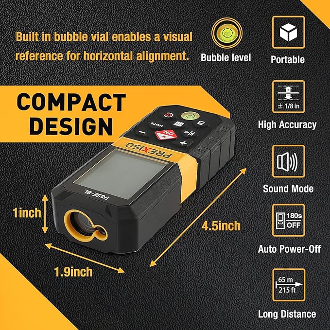 PREXISO Laser Measure, 215Ft Laser Measurement Tool with Entension for Diagonal Measuring Ft/Ft+in/in/M Units - Pythagorean Mode, Area Volume -100 Sets Data Storage, Medidor Laser Distance Meter