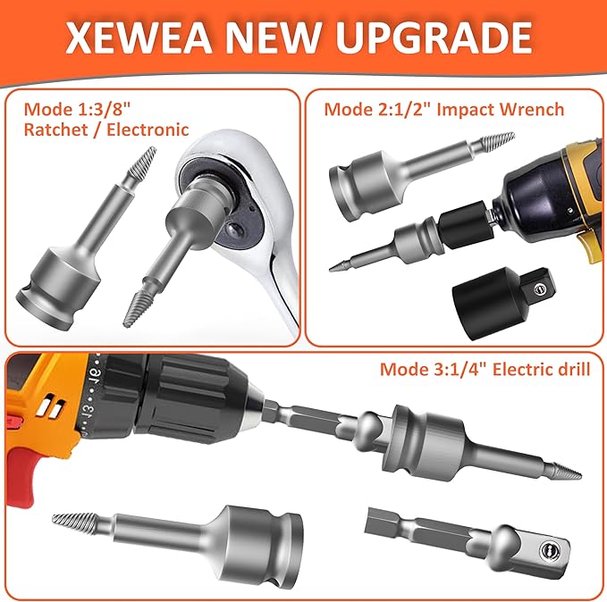 XEWEA 11PCS 3/8" Inch Drive Screw Extractor Set with Adapters, Upgrade Multi-Spline Easy Out Stripped Screw Remover Kit, 2-in-1 EZ Out Tool for Removing Rusted, Frozen or Broken Studs, Bolts, Screws