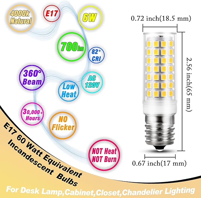 E17 Intermediate Base Light Bulb 6W (60W Halogen Equivalent) 4000K Natural White 700lm 120V LED Ceiling Fan Bulb for Appliance,Desk Lamp,Cabinet,Closet,Chandelier Lighting,Non-dimmable,5pack