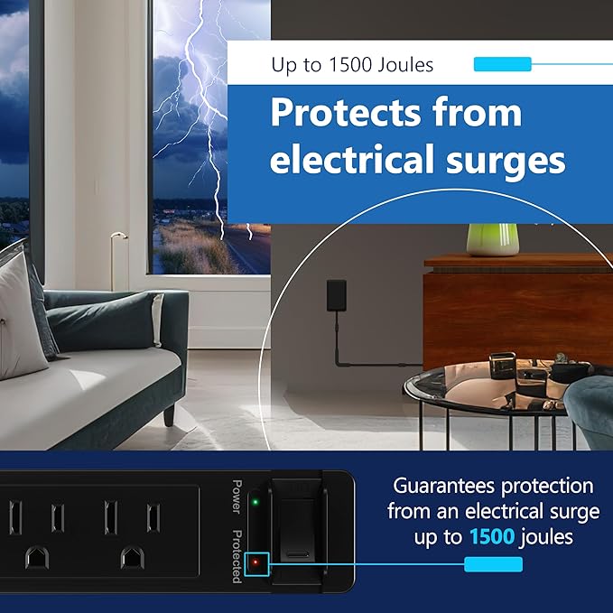 LIDER Surge Protected Outlet Extender, 4-Outlet Power Strip, 1 USB Type-A, and 1 USB Type-C Port, Surge Protect Up to 1500J, Ultra-Thin Wall Plate Plug with Cord Extender, 5ft Cord, ETL-Listed, Black