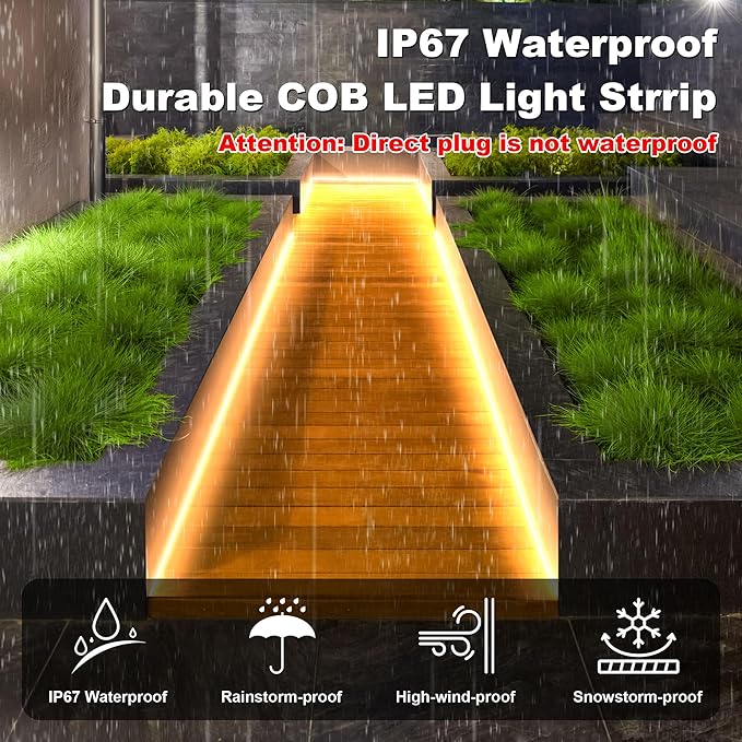 IP67 Waterproof COB LED Strip Lights AC 120V Direct Plug, 100FT Super Bright Outdoor Strip Lights with Double Fuse Controller, 2700K Warm White LED Strips for Garden Patio Commercial Decor