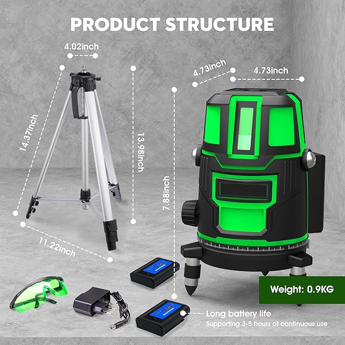 5 Lines Laser Level Tool 360 Self Leveling Precision Cross Line with Tripod, Indoor & Outside Green Laser Level with 2 Batteries & Toolbox for Picture Hanging, Tile Leveling