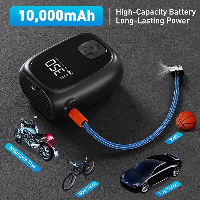 Tire Inflator Portable Air Compressor – Fast Inflation, Auto Shut-Off & LED Display | High-Power Air Pump for Car, Motorcycle & Bike Tires, USB Rechargeable & Compact Design, Gifts for Men