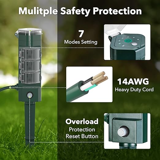 HBN Outdoor Power Strip Timer with Photocell Remote Control,Yard Stake Countdown (2,4,6,8 Hour),Weatherproof Outside Timer Dusk to Dawn for Halloween/Christmas Lights,6 Outlets,6ft Cord