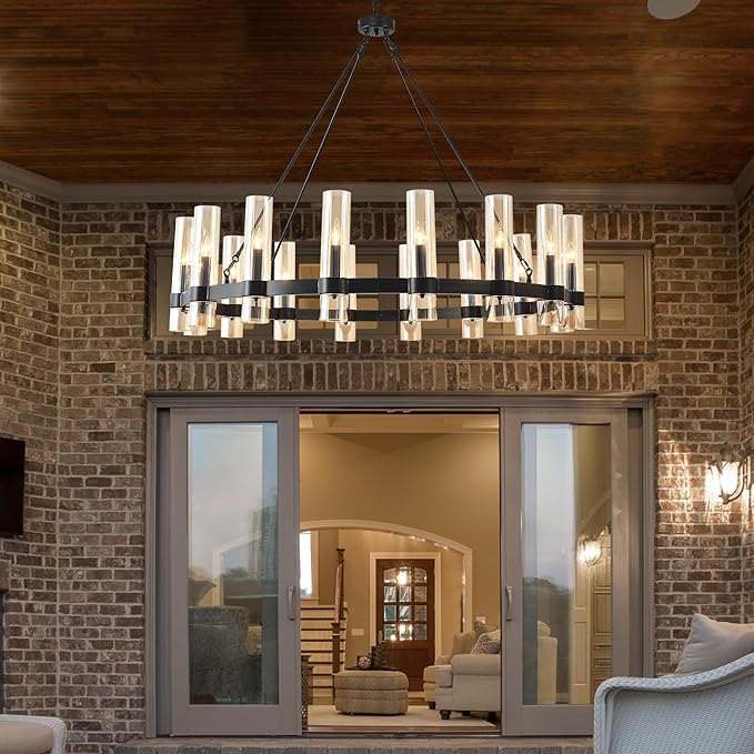 48 Inch Black Wagon Wheel Chandelier, 16 Lights, with Brown Glass Shade, Large Hanging High Ceilings Chandeliers for Dining Room Kitchen Foyer Entryway Living Room