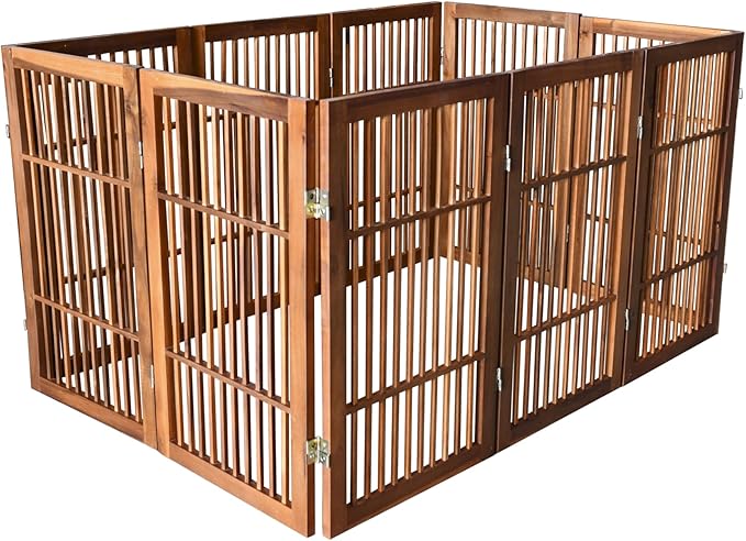 Pet Dog Gate Strong and Durable Freestanding Folding Acacia Hardwood Portable Wooden Fence Indoors or Outdoors by Urnporium (Brown Pet Gate, 10 Panel 30" Tall)