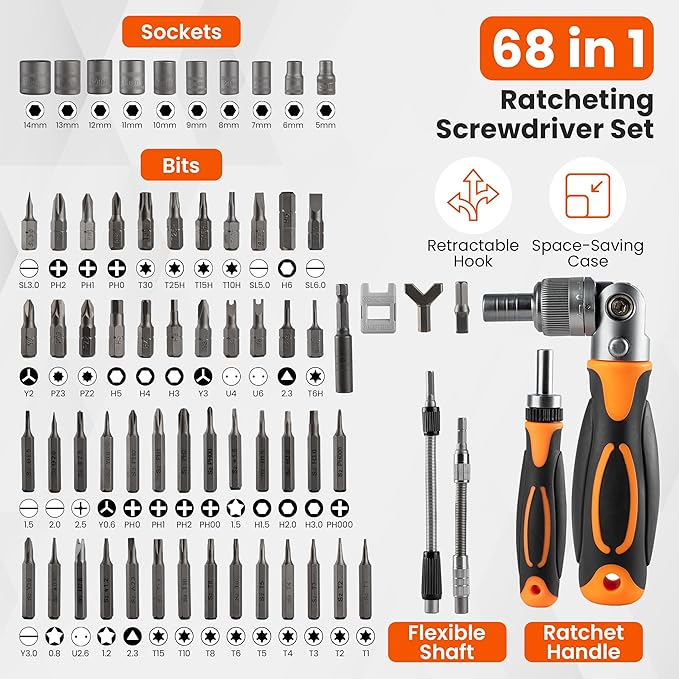 Ratcheting Screwdriver Set -68 in 1 Socket Set & Magnetic Screwdriver Bit Set with Rotatable Ratchet Handles