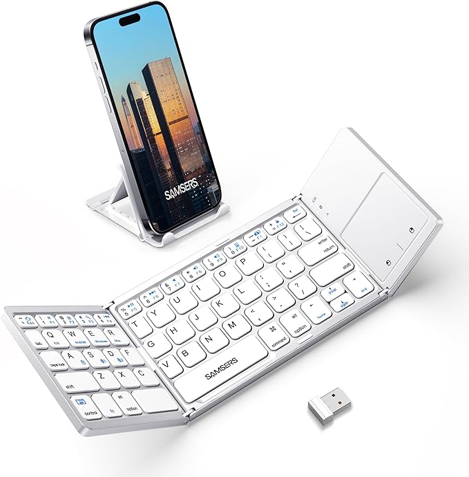 Samsers Multi-Device Foldable Bluetooth Keyboard with Touchpad, Rechargeable Dual-Mode(2.4G+BTx2) Wireless Keyboard with Holder, Portable Folding Keyboards for Android Windows iOS Mac OS - Silver