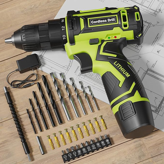 Cordless Drill Set,12V Power Drill Driver 3/8" Keyless Chuck with 42 Acessories, Built-in LED Light, 25+1 Position, Electric Drill for Home DIY Projects (Green)