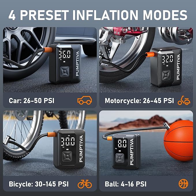 Tire Inflator Portable Air Compressor, 150 PSI Portable Electric Bike Pump Auto Shut-Off Cordless Car Tire Air Pump with Accurate LCD Display LED Light for Car, Motorcycle, Bicycle, Bike, Ball