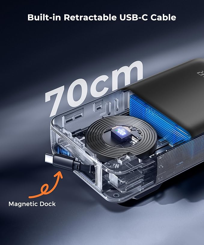 Portable Charger Power Bank - Battery Pack 35W AC Plug GaN 10000mAh Built in Cable USB C Phone Fast Charging Powerbank Compatible with iPhone 16 15 14 13 12 11 X iPad MacBook Samsung (Black)