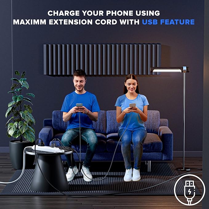 360° Rotating Flat Plug Extension Cord with USB Ports and a Removable Hook White Extension Cord 3 ft (16 Gauge) UL Certified