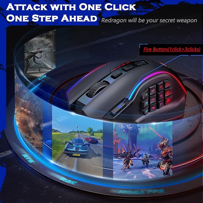 Redragon Wireless Gaming Mouse, MMO Gaming Mouse UP 16,000 DPI, 16 Macro Programmable Buttons, RGB Rechargeable with 12 Side Buttons, 70Hrs for PC Laptop MOBA FPS, M901P-KS