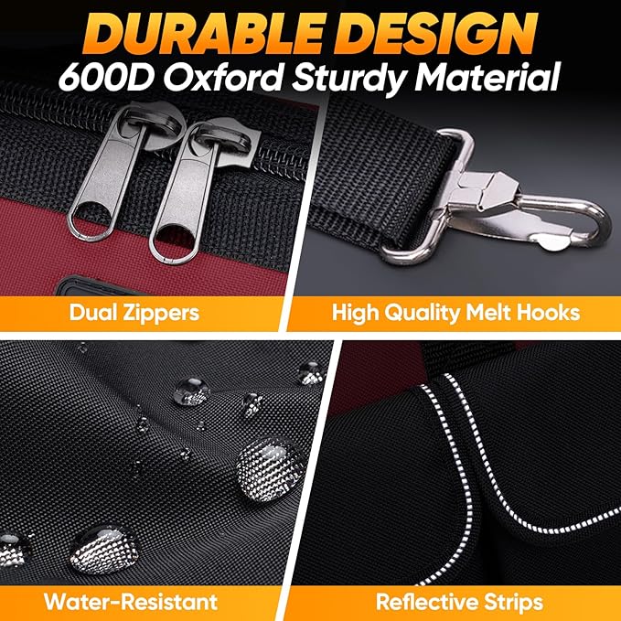 TICONN Heavy Duty Tool Bag with Multi-Pockets, Portable Tool Box Organizer Storage Bag, with Adjustable Shoulder Strap and Ergonomic Handle (Red, 16" Standard Base)