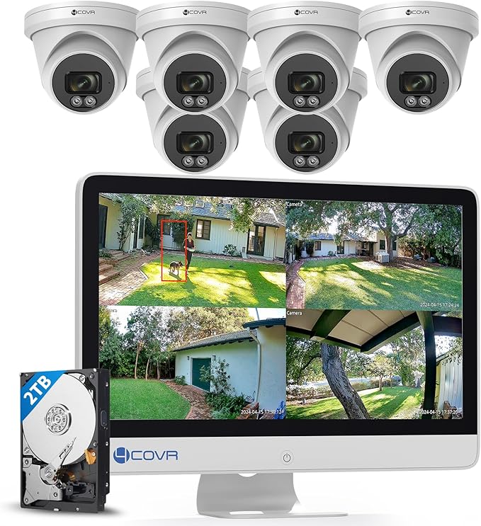 4COVR PoE 4K NVR Security Camera System with Monitor, AI Human/Vehicle Detection, 8 CH 8MP NVR with Monitor Pre-Installed 2TB HDD, 6X 8MP Wired Dome IP Home Camera IP67 Night Vision, LY97SA8MU806