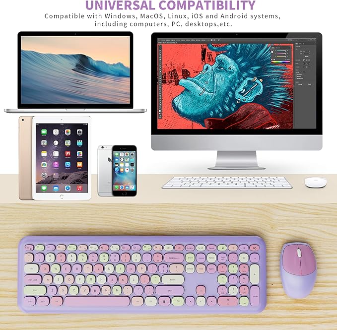 Wireless Keyboard and Mouse Combo, Colorful Ergonomic Full Size Retro Low-Noise Keyboard with Cute keycaps, Compatible with Windows, PC, Perfer for Home and Office Keyboards (Purple)
