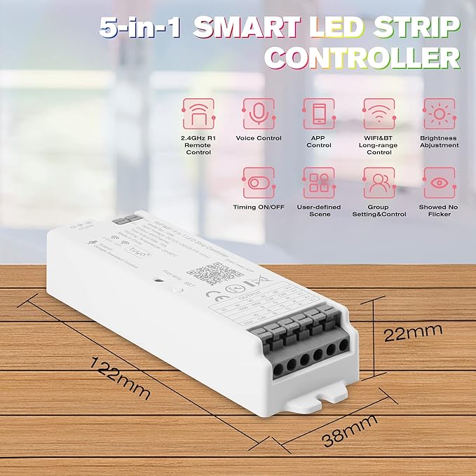 HUSUKU S1 5in1 WB5 2.4GHz Tuya WiFi PWM LED Controller for Dimming CCT RGB RGBW RGBCCT LED Strip, Smart APP Control Fit for Alexa Echo/Google Assistant Home/Siri, RF Control with R1 Remoter
